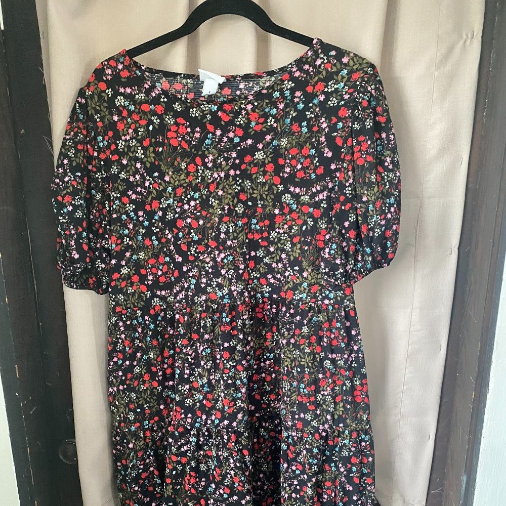 Ava & Viv Black Floral Bubble Sleeve Dress Sz X/14 W
